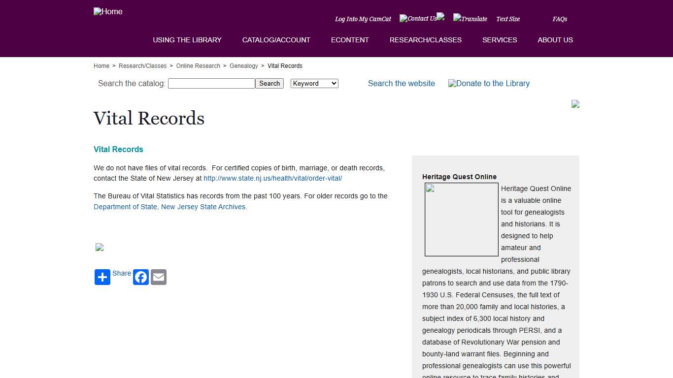 Vital Records Camden County Library System